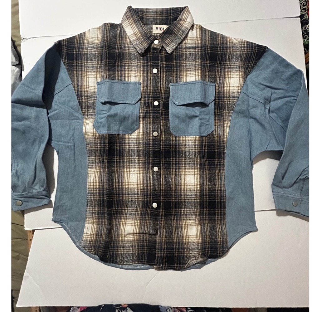 BIBI Womens XL Plaid Mixed Media Denim Sleeve Snap Button Shacket Western Boho